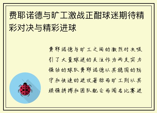 费耶诺德与旷工激战正酣球迷期待精彩对决与精彩进球